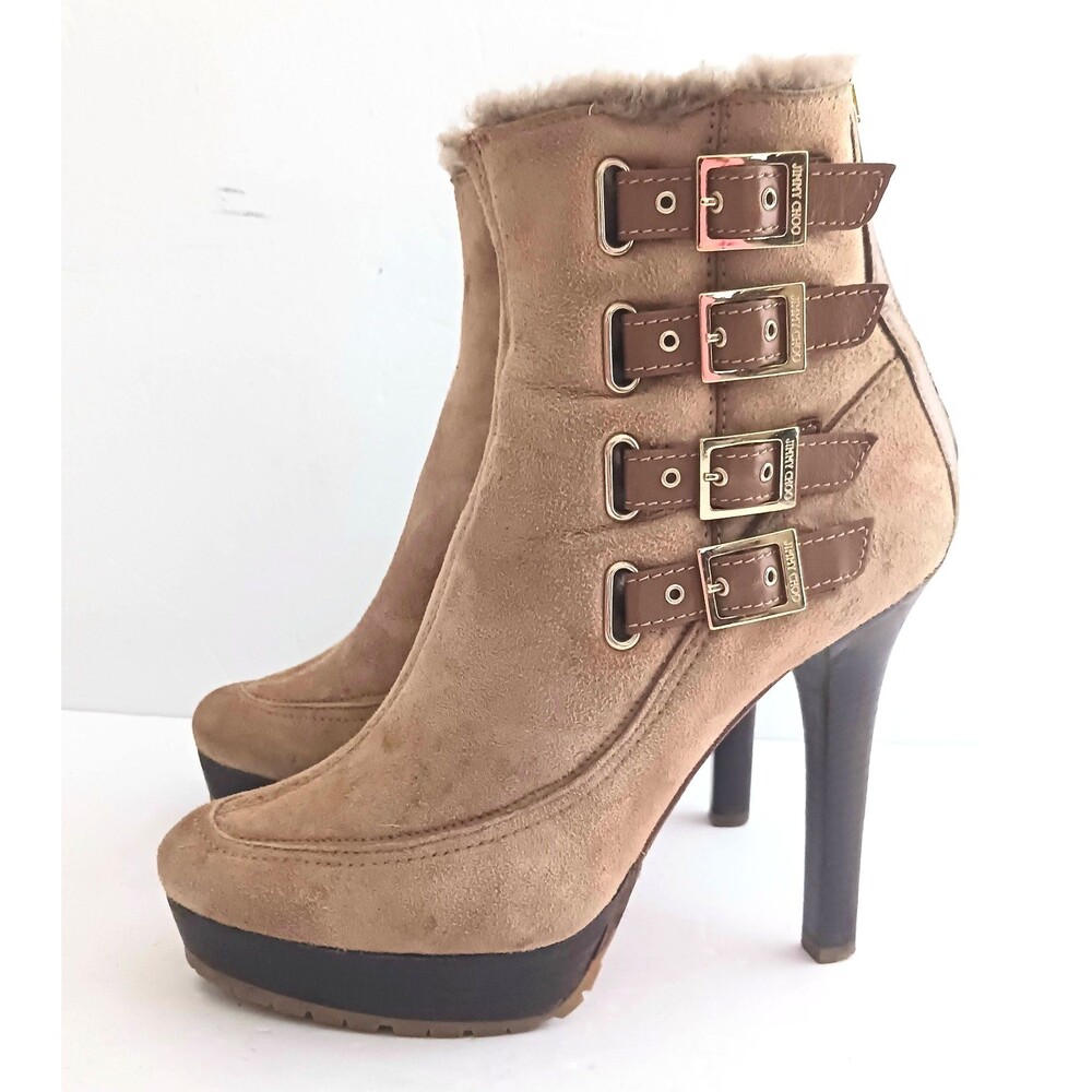 Jimmy Choo Platform Ankle Boots Tan Suede Buckles High Wood Heel EU 39 US 8-8.5